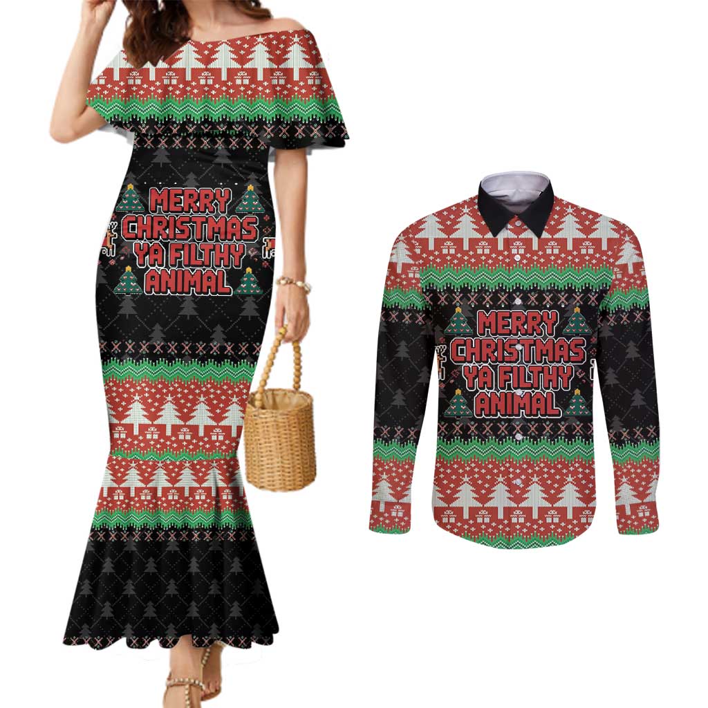 Merry Christmas Ya Filthy Animal Couples Matching Mermaid Dress and Long Sleeve Button Shirt Retro Christmas Humor - Wonder Print Shop