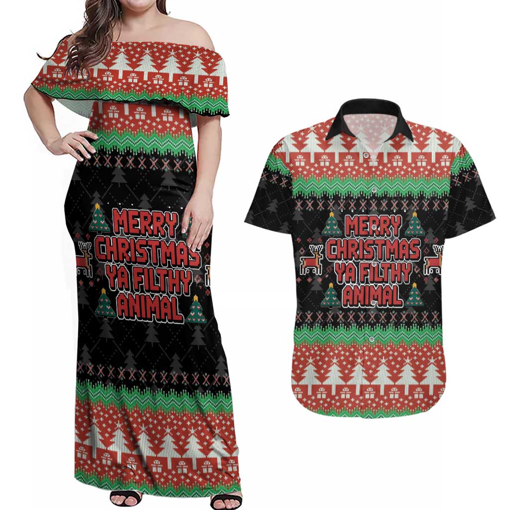 Merry Christmas Ya Filthy Animal Couples Matching Off Shoulder Maxi Dress and Hawaiian Shirt Retro Christmas Humor - Wonder Print Shop