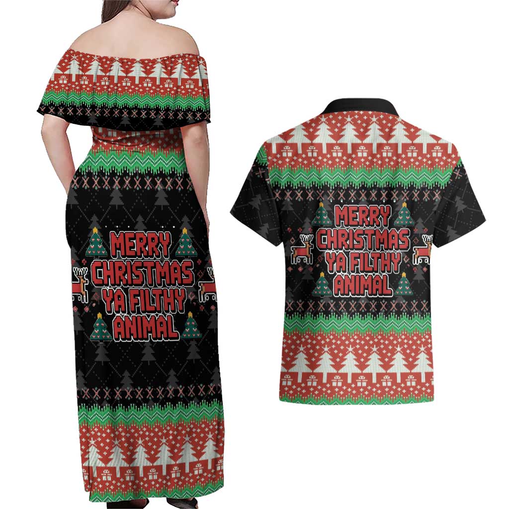 Merry Christmas Ya Filthy Animal Couples Matching Off Shoulder Maxi Dress and Hawaiian Shirt Retro Christmas Humor - Wonder Print Shop