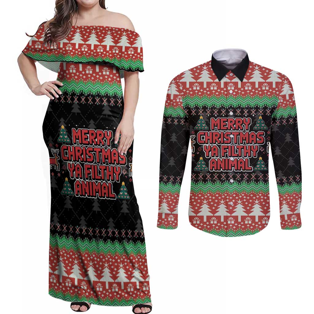 Merry Christmas Ya Filthy Animal Couples Matching Off Shoulder Maxi Dress and Long Sleeve Button Shirt Retro Christmas Humor - Wonder Print Shop