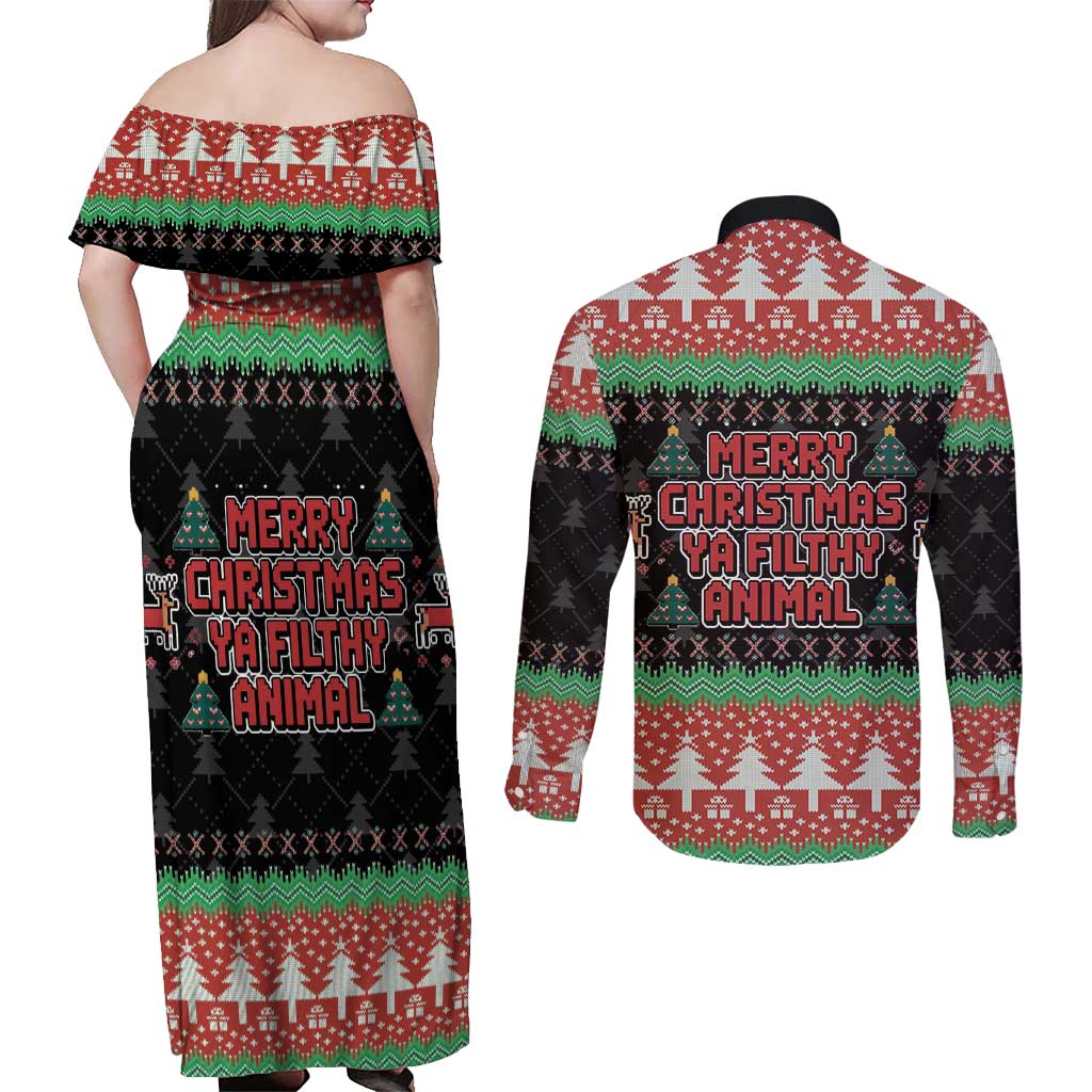 Merry Christmas Ya Filthy Animal Couples Matching Off Shoulder Maxi Dress and Long Sleeve Button Shirt Retro Christmas Humor - Wonder Print Shop