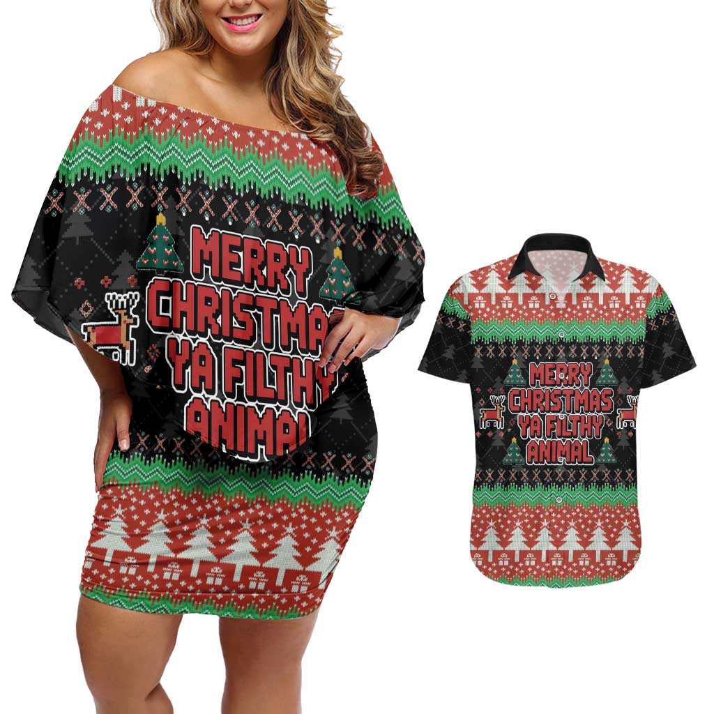 Merry Christmas Ya Filthy Animal Couples Matching Off Shoulder Short Dress and Hawaiian Shirt Retro Christmas Humor - Wonder Print Shop