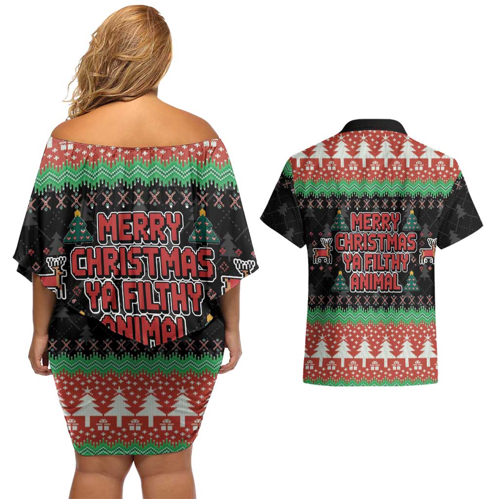 Merry Christmas Ya Filthy Animal Couples Matching Off Shoulder Short Dress and Hawaiian Shirt Retro Christmas Humor - Wonder Print Shop