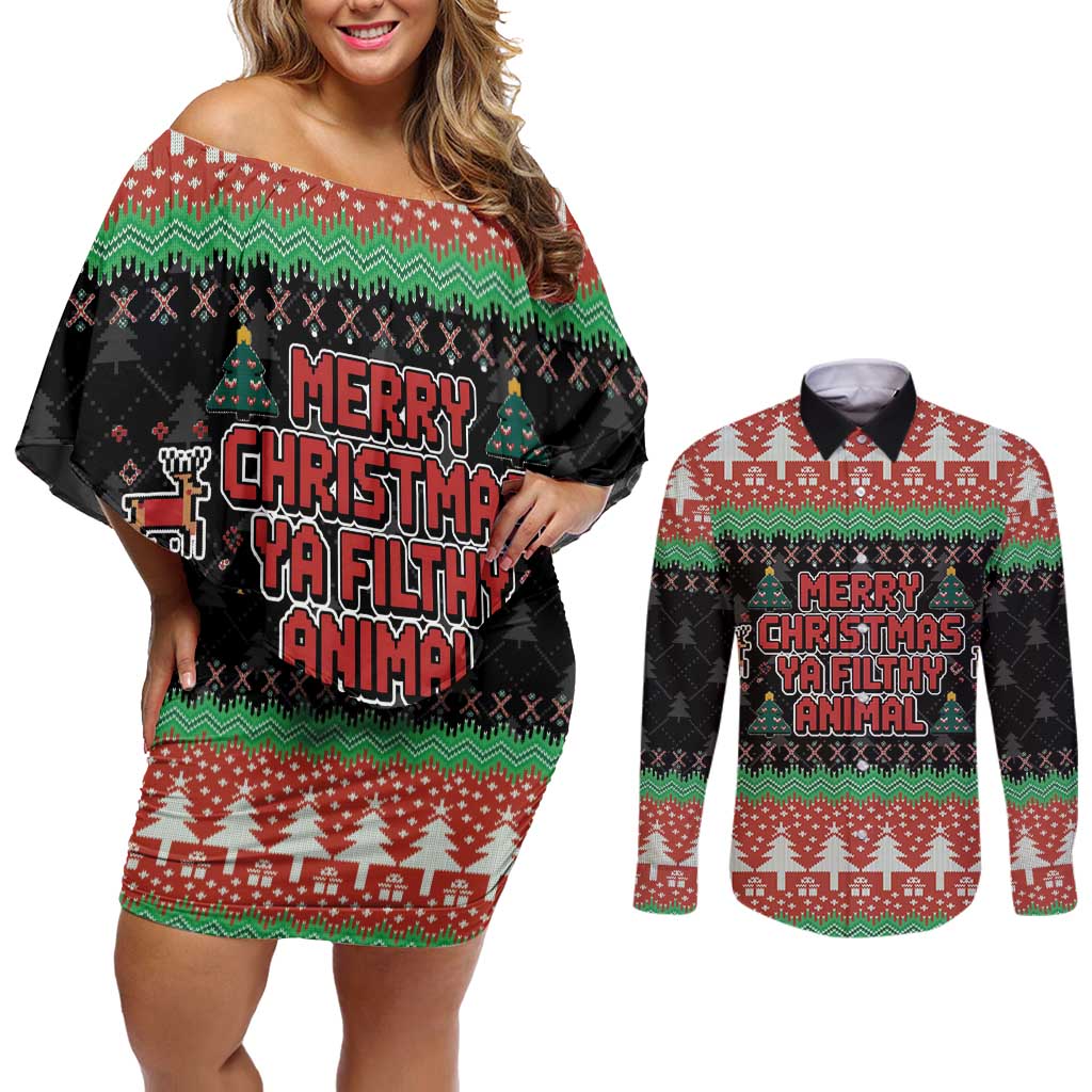 Merry Christmas Ya Filthy Animal Couples Matching Off Shoulder Short Dress and Long Sleeve Button Shirt Retro Christmas Humor - Wonder Print Shop