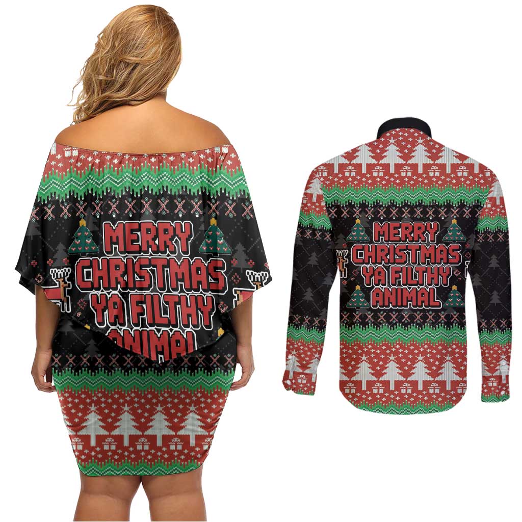Merry Christmas Ya Filthy Animal Couples Matching Off Shoulder Short Dress and Long Sleeve Button Shirt Retro Christmas Humor - Wonder Print Shop