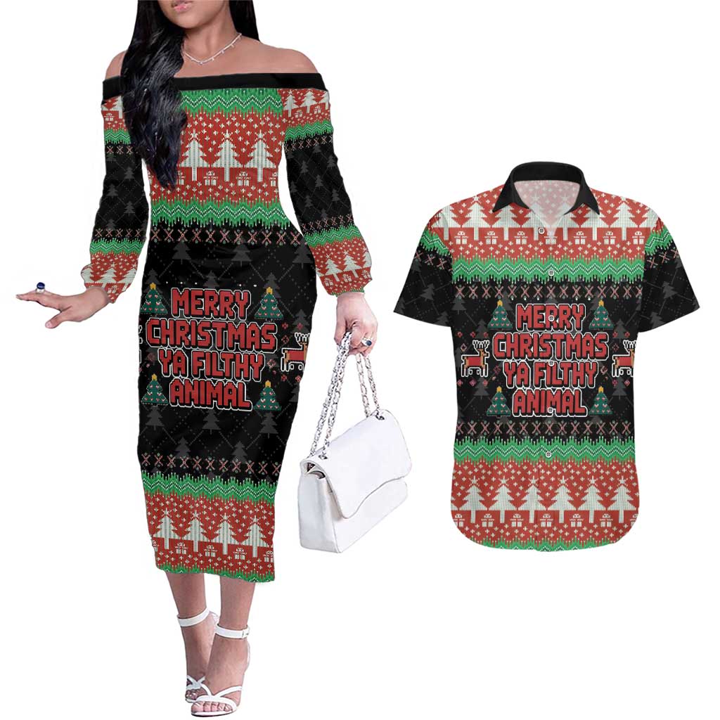 Merry Christmas Ya Filthy Animal Couples Matching Off The Shoulder Long Sleeve Dress and Hawaiian Shirt Retro Christmas Humor - Wonder Print Shop