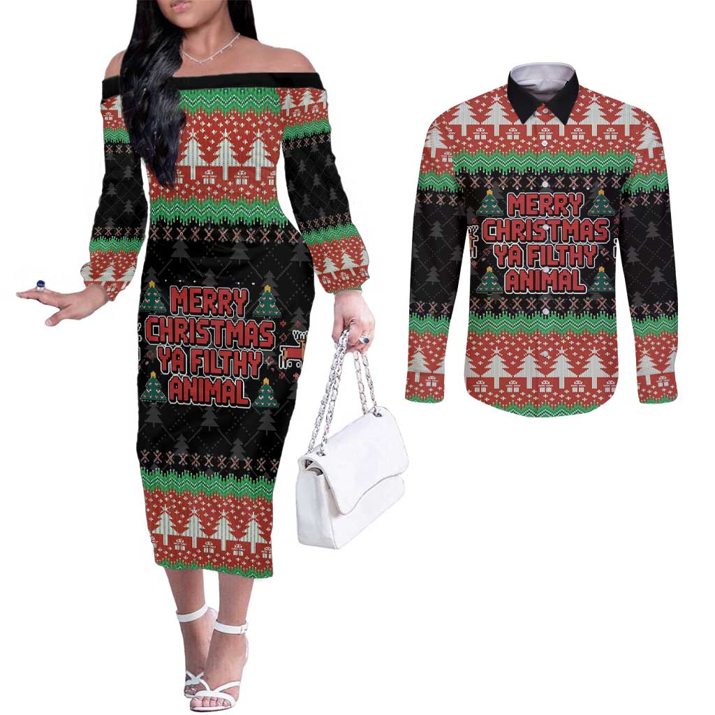 Merry Christmas Ya Filthy Animal Couples Matching Off The Shoulder Long Sleeve Dress and Long Sleeve Button Shirt Retro Christmas Humor - Wonder Print Shop