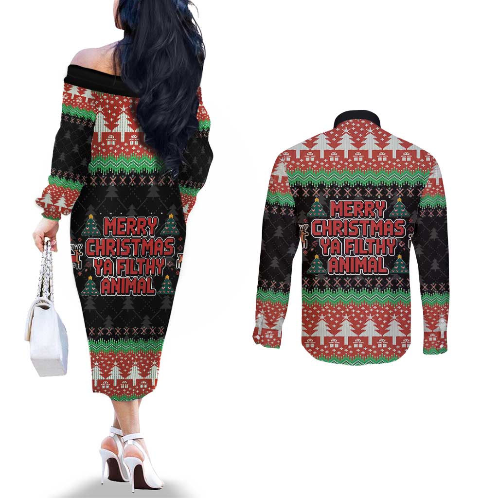Merry Christmas Ya Filthy Animal Couples Matching Off The Shoulder Long Sleeve Dress and Long Sleeve Button Shirt Retro Christmas Humor - Wonder Print Shop