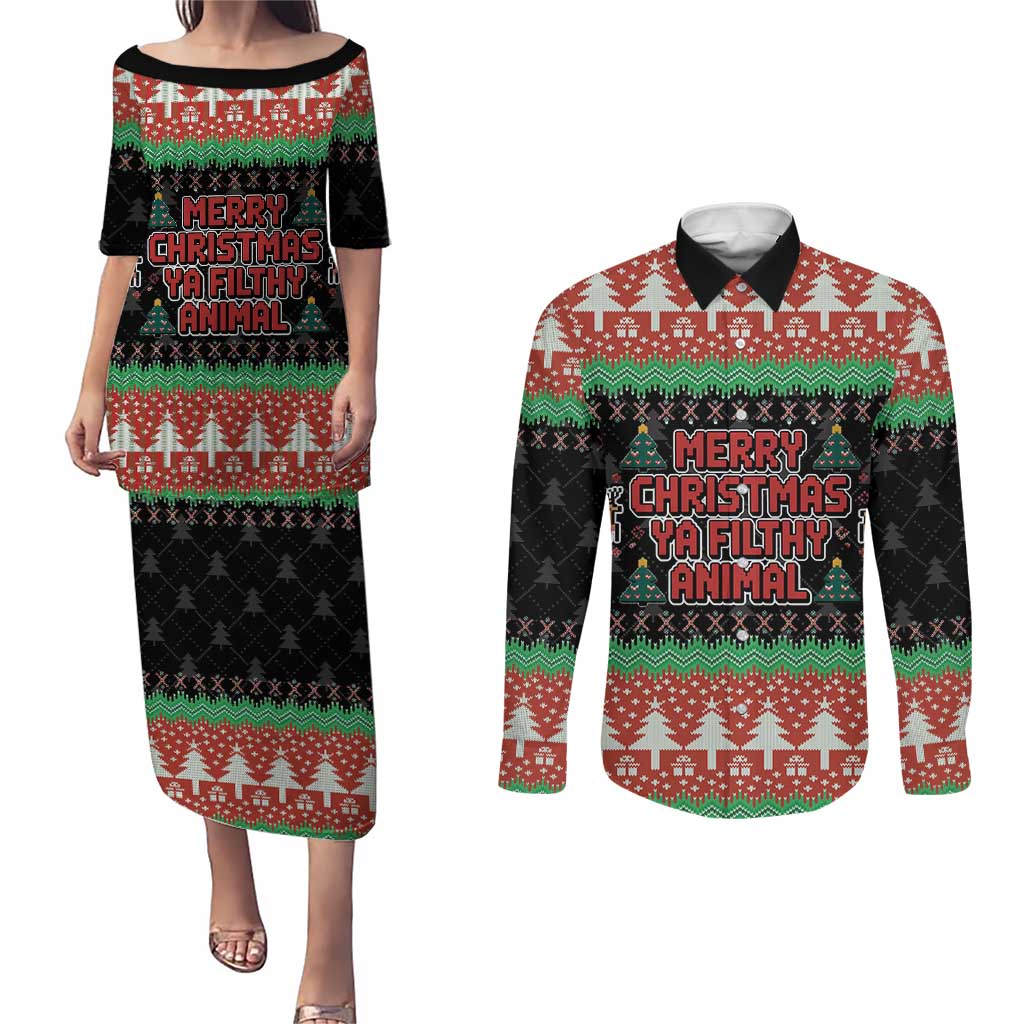 Merry Christmas Ya Filthy Animal Couples Matching Puletasi and Long Sleeve Button Shirt Retro Christmas Humor - Wonder Print Shop