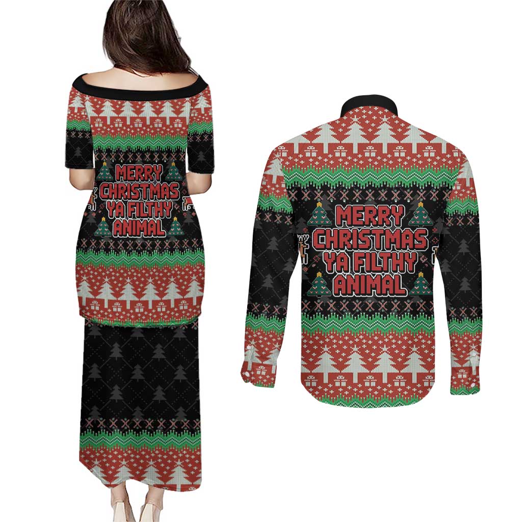 Merry Christmas Ya Filthy Animal Couples Matching Puletasi and Long Sleeve Button Shirt Retro Christmas Humor - Wonder Print Shop