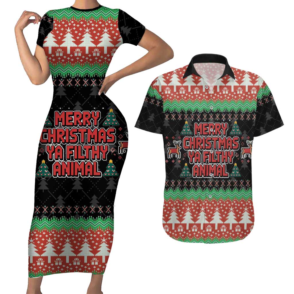 Merry Christmas Ya Filthy Animal Couples Matching Short Sleeve Bodycon Dress and Hawaiian Shirt Retro Christmas Humor - Wonder Print Shop