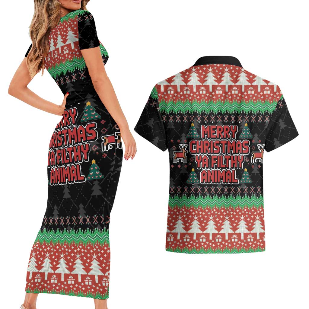 Merry Christmas Ya Filthy Animal Couples Matching Short Sleeve Bodycon Dress and Hawaiian Shirt Retro Christmas Humor - Wonder Print Shop