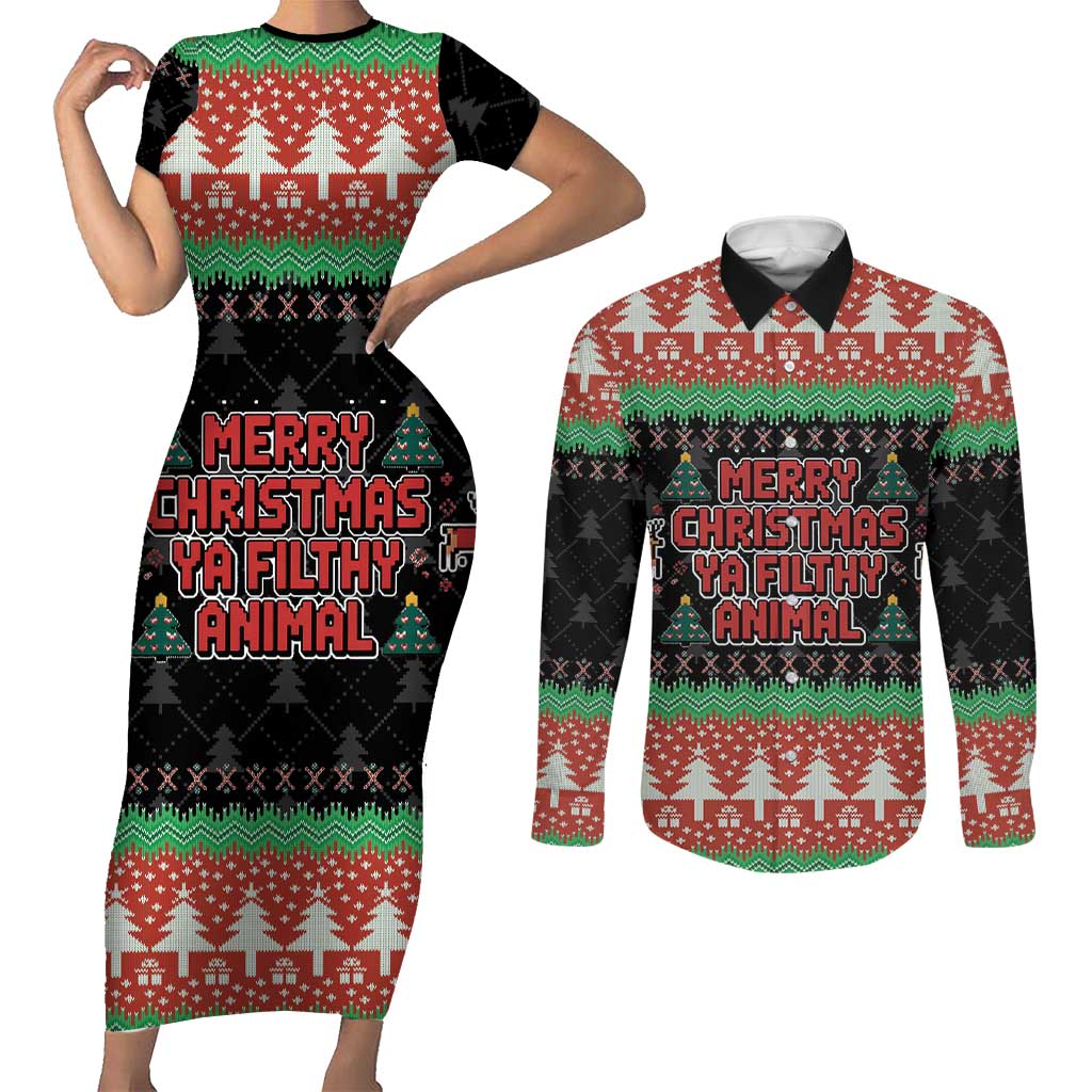 Merry Christmas Ya Filthy Animal Couples Matching Short Sleeve Bodycon Dress and Long Sleeve Button Shirt Retro Christmas Humor - Wonder Print Shop