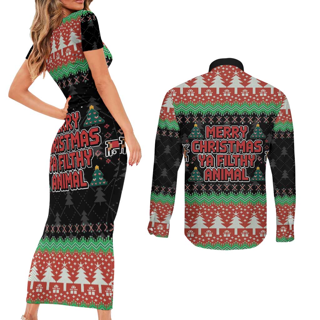 Merry Christmas Ya Filthy Animal Couples Matching Short Sleeve Bodycon Dress and Long Sleeve Button Shirt Retro Christmas Humor - Wonder Print Shop