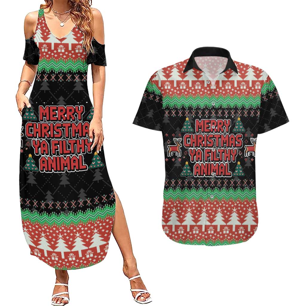 Merry Christmas Ya Filthy Animal Couples Matching Summer Maxi Dress and Hawaiian Shirt Retro Christmas Humor - Wonder Print Shop
