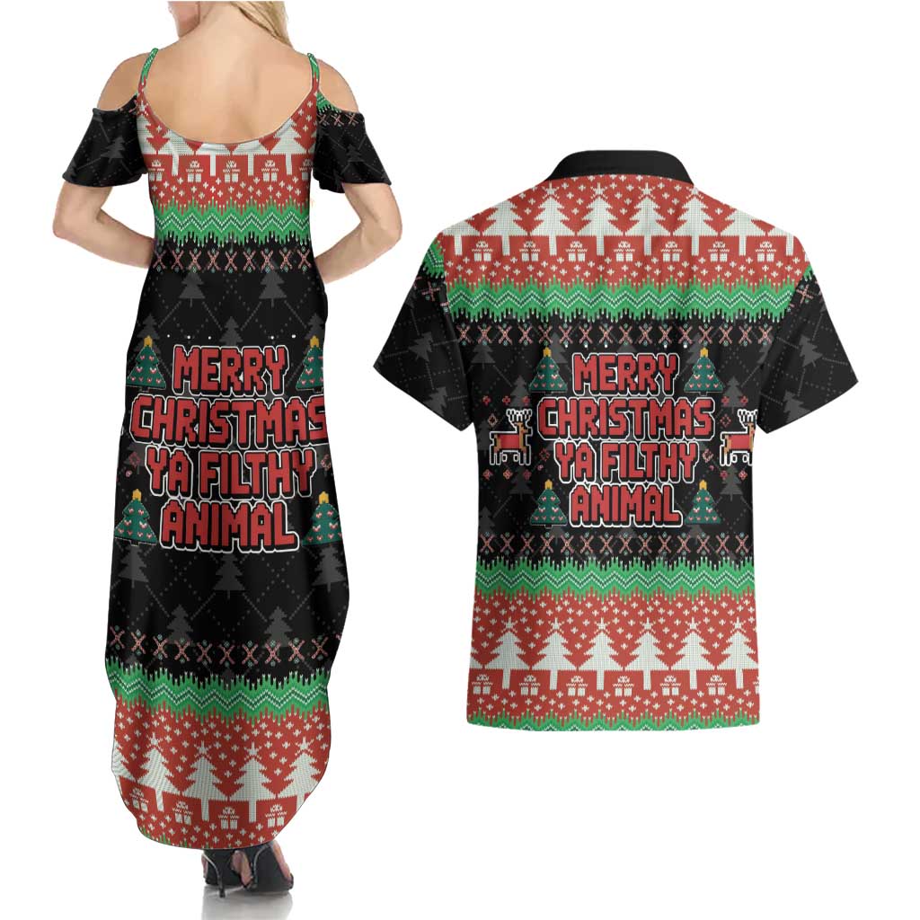 Merry Christmas Ya Filthy Animal Couples Matching Summer Maxi Dress and Hawaiian Shirt Retro Christmas Humor - Wonder Print Shop