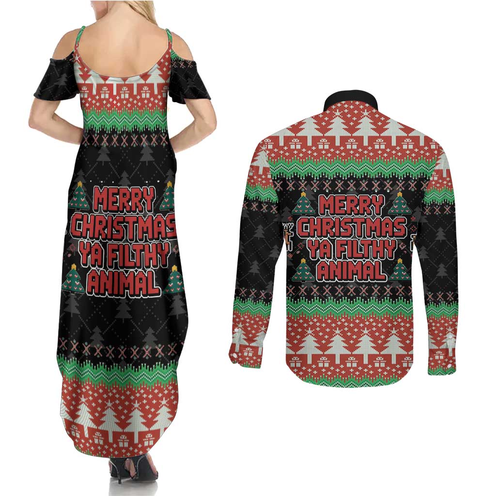 Merry Christmas Ya Filthy Animal Couples Matching Summer Maxi Dress and Long Sleeve Button Shirt Retro Christmas Humor - Wonder Print Shop