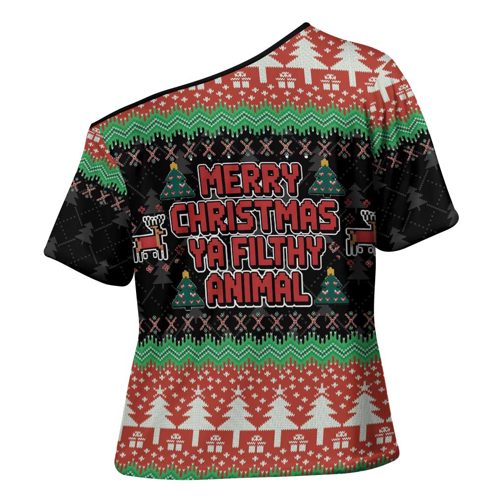 Merry Christmas Ya Filthy Animal Cross Shoulder Shirt Retro Christmas Humor - Wonder Print Shop