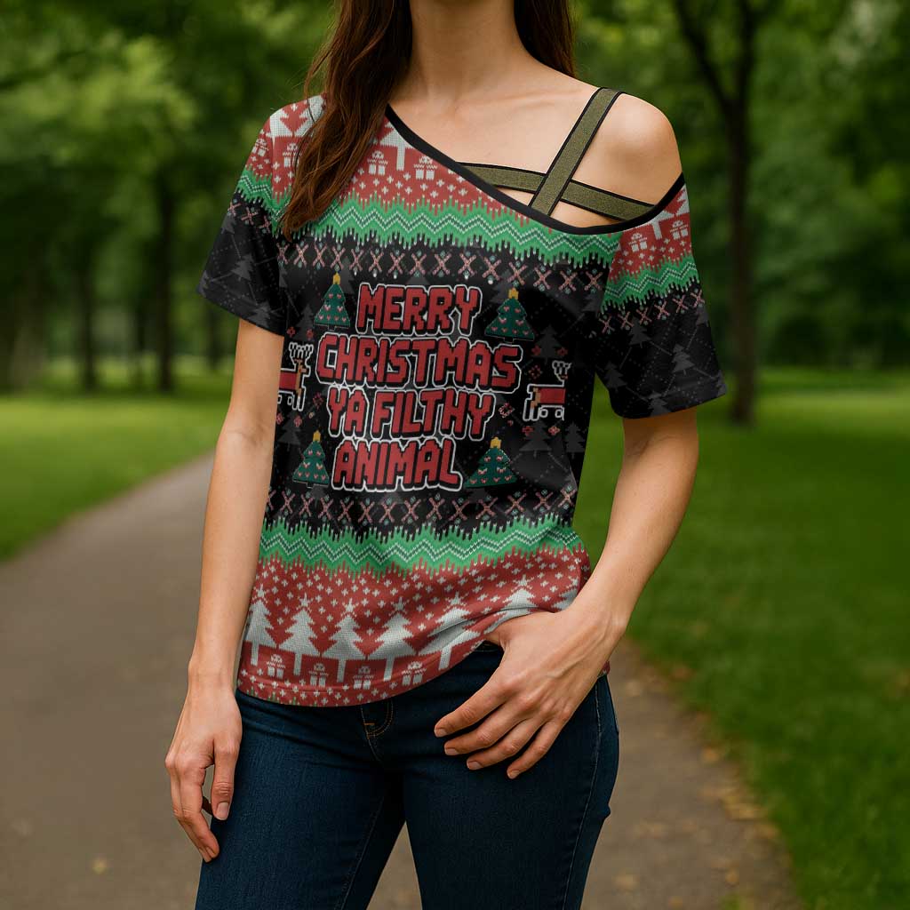 Merry Christmas Ya Filthy Animal Cross Shoulder Shirt Retro Christmas Humor - Wonder Print Shop