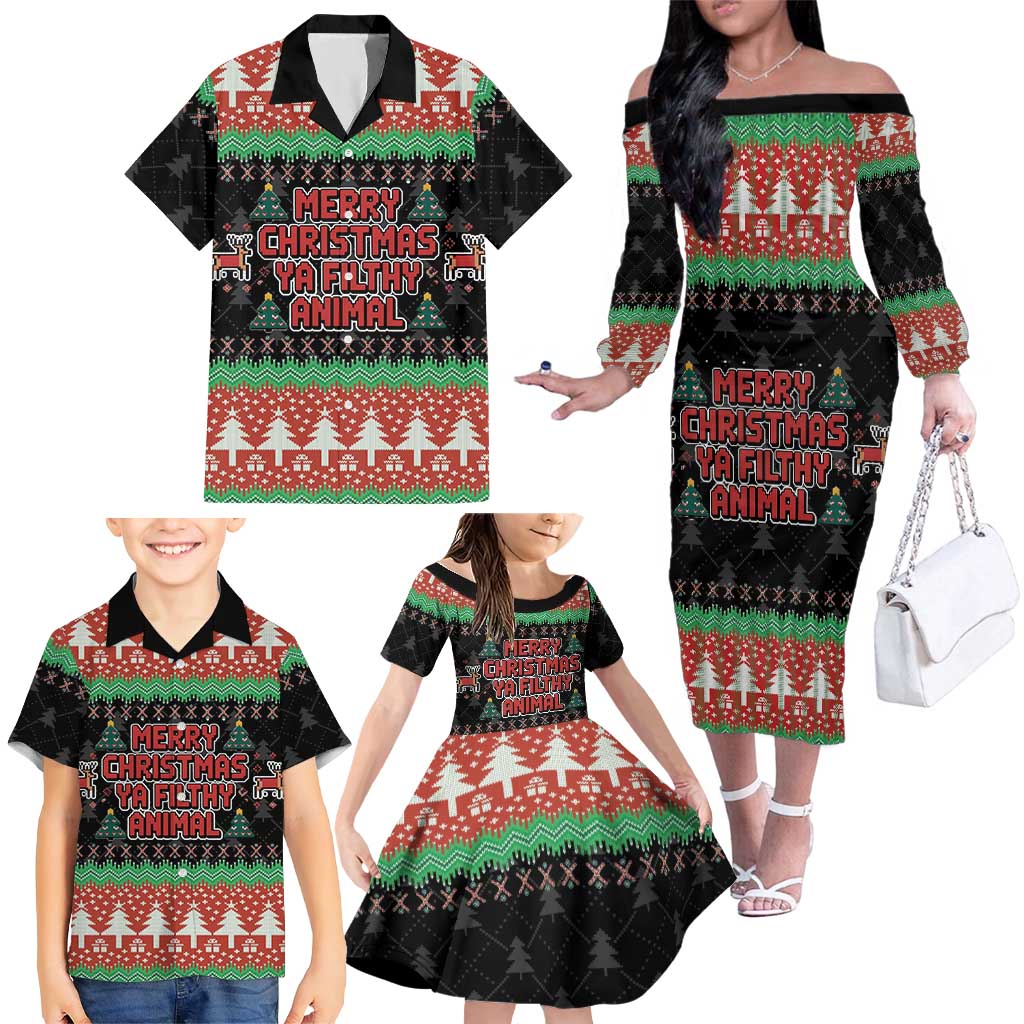 Merry Christmas Ya Filthy Animal Family Matching Off The Shoulder Long Sleeve Dress and Hawaiian Shirt Retro Christmas Humor - Wonder Print Shop