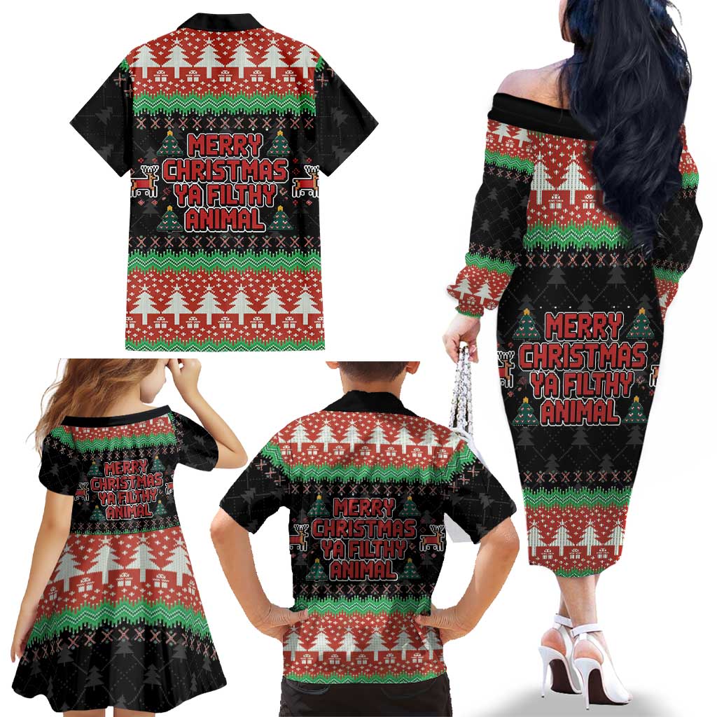 Merry Christmas Ya Filthy Animal Family Matching Off The Shoulder Long Sleeve Dress and Hawaiian Shirt Retro Christmas Humor - Wonder Print Shop
