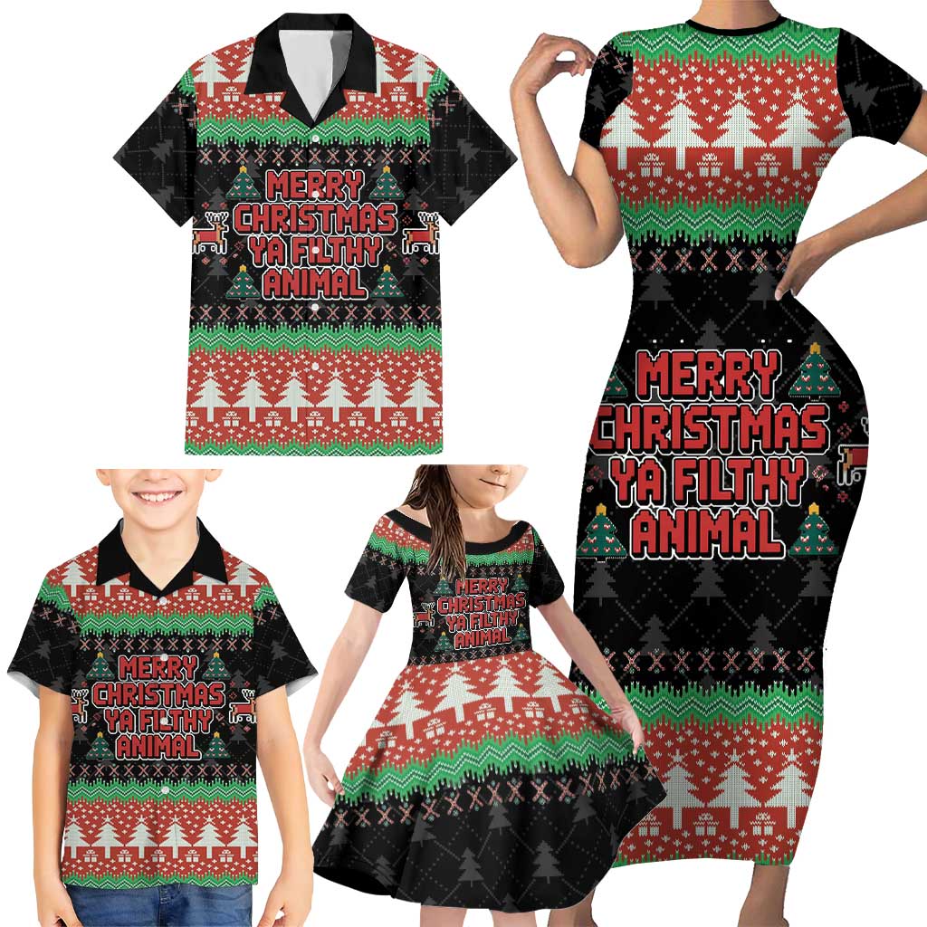 Merry Christmas Ya Filthy Animal Family Matching Short Sleeve Bodycon Dress and Hawaiian Shirt Retro Christmas Humor - Wonder Print Shop