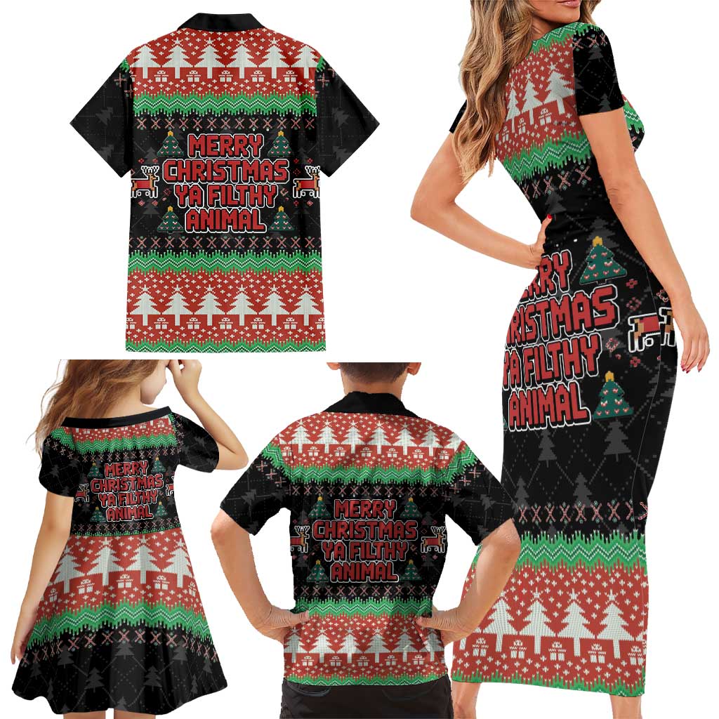 Merry Christmas Ya Filthy Animal Family Matching Short Sleeve Bodycon Dress and Hawaiian Shirt Retro Christmas Humor - Wonder Print Shop