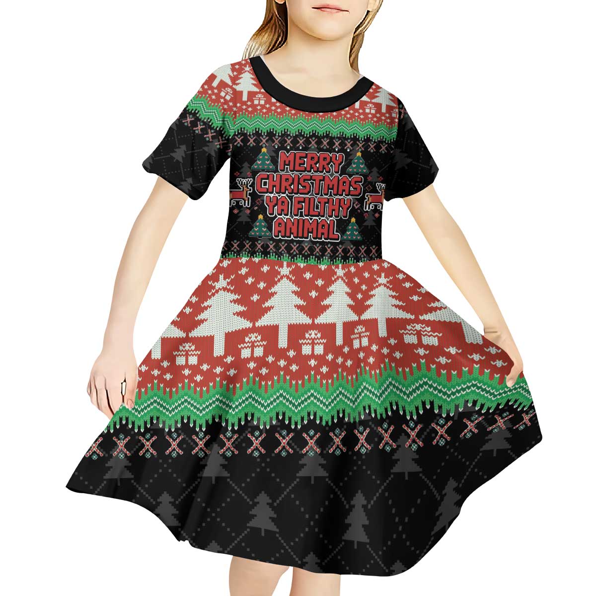 Merry Christmas Ya Filthy Animal Kid Short Sleeve Dress Retro Christmas Humor - Wonder Print Shop