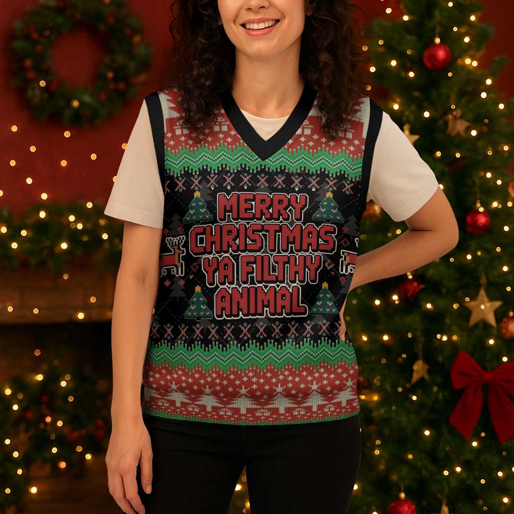 Merry Christmas Ya Filthy Animal Christmas Knitted V-Neck Vest Retro Christmas Humor - Wonder Print Shop