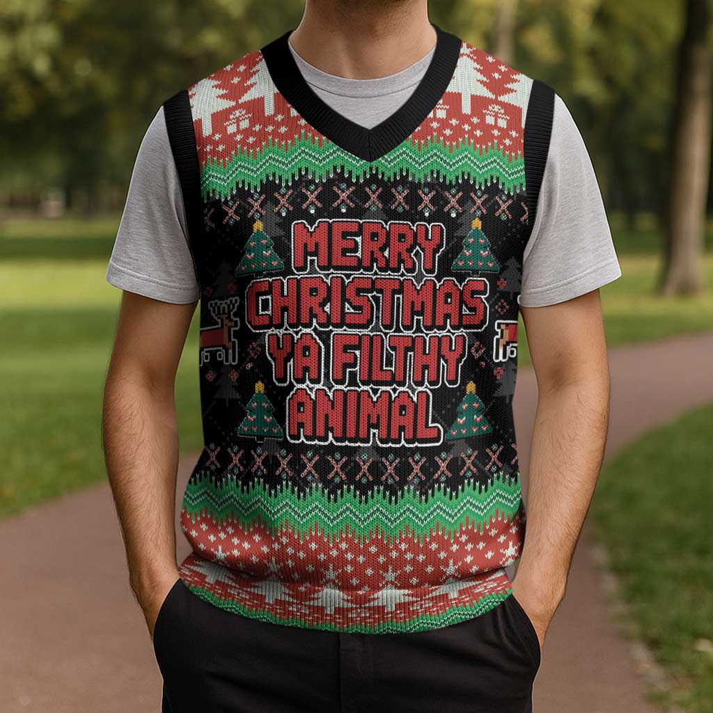 Merry Christmas Ya Filthy Animal Christmas Knitted V-Neck Vest Retro Christmas Humor - Wonder Print Shop