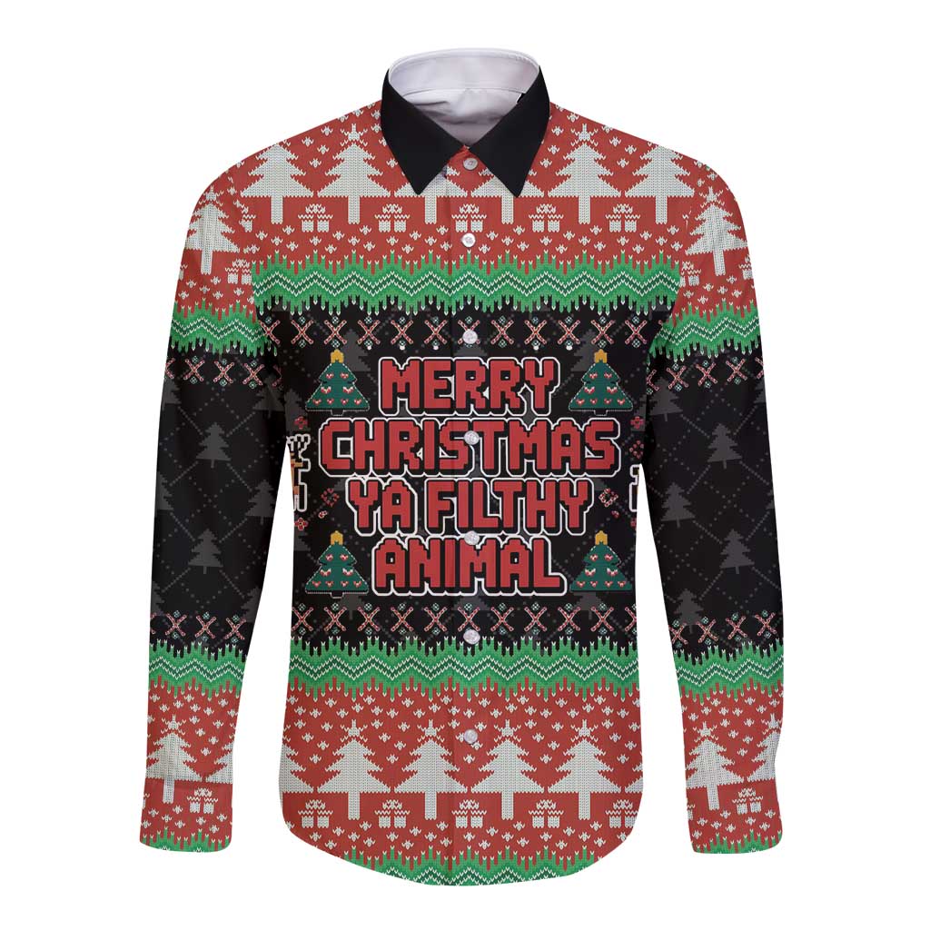 Merry Christmas Ya Filthy Animal Long Sleeve Button Shirt Retro Christmas Humor - Wonder Print Shop
