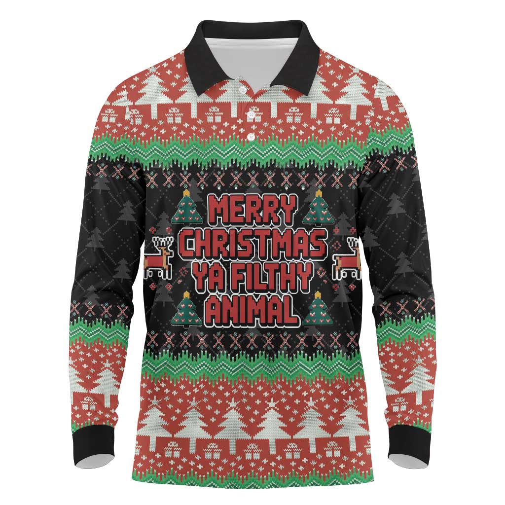 Merry Christmas Ya Filthy Animal Long Sleeve Polo Shirt Retro Christmas Humor - Wonder Print Shop