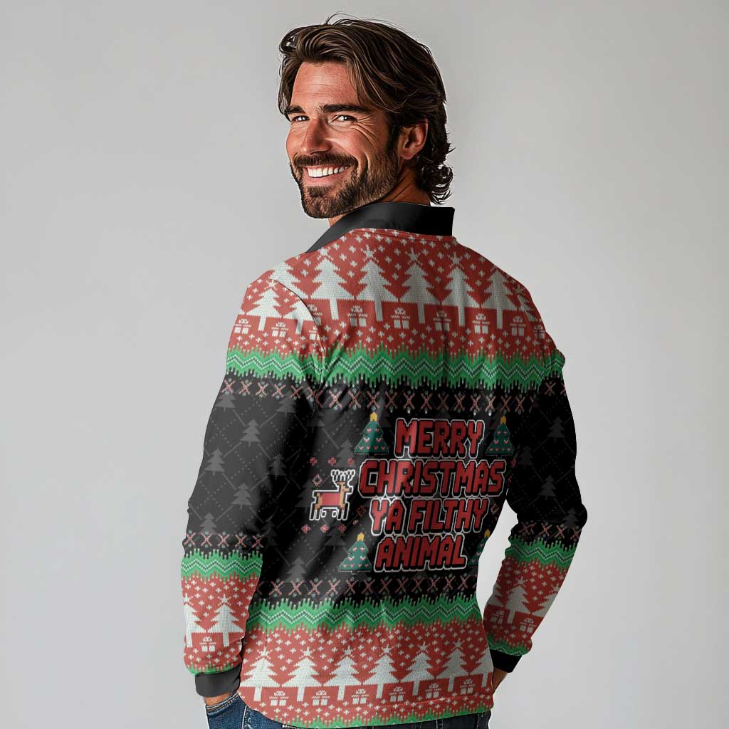 Merry Christmas Ya Filthy Animal Long Sleeve Polo Shirt Retro Christmas Humor - Wonder Print Shop