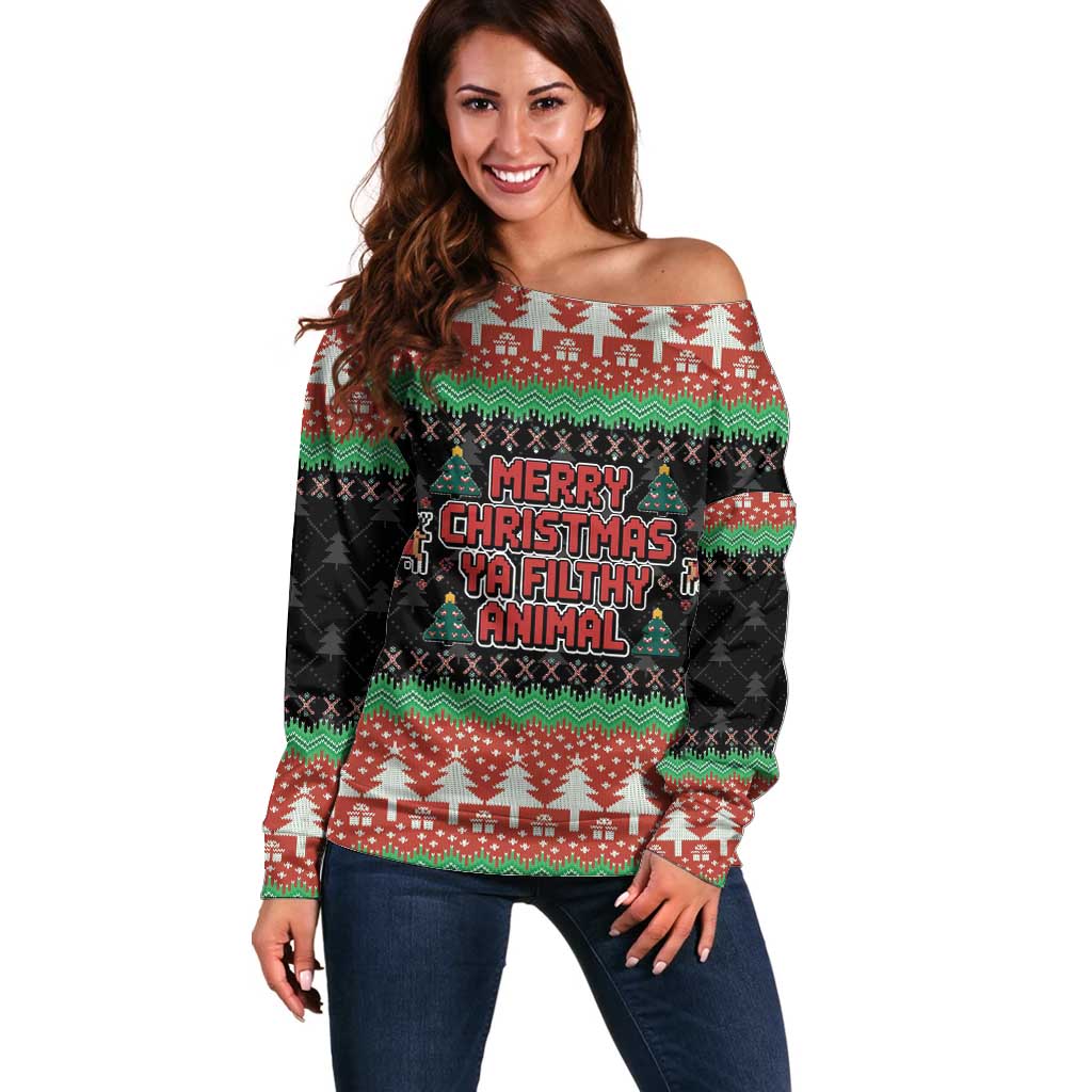 Merry Christmas Ya Filthy Animal Off Shoulder Sweater Retro Christmas Humor - Wonder Print Shop