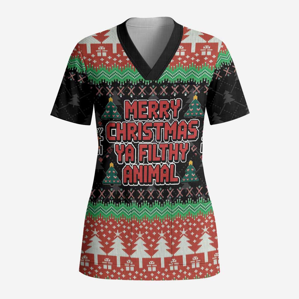 Merry Christmas Ya Filthy Animal Scrub Top Retro Christmas Humor - Wonder Print Shop