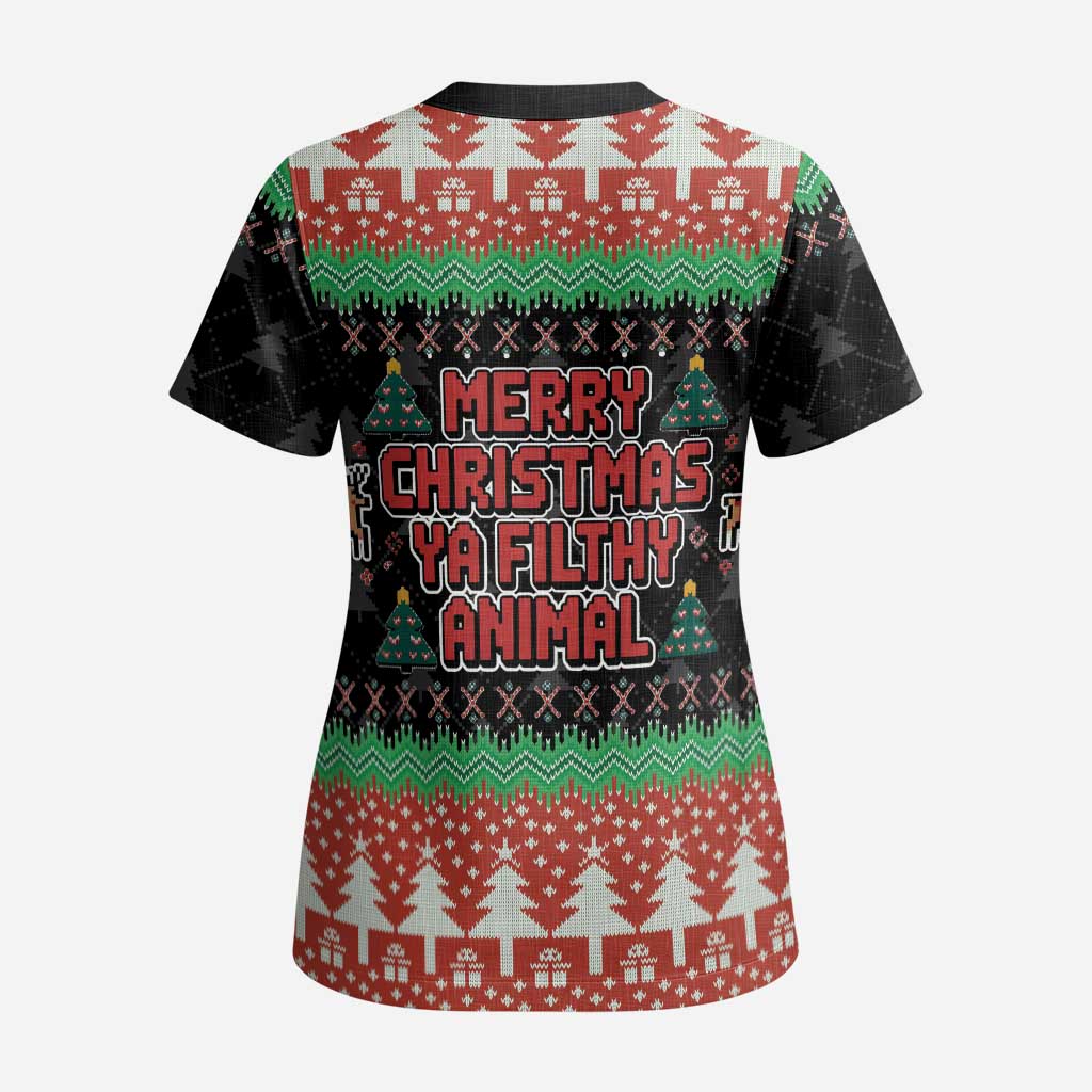 Merry Christmas Ya Filthy Animal Scrub Top Retro Christmas Humor - Wonder Print Shop