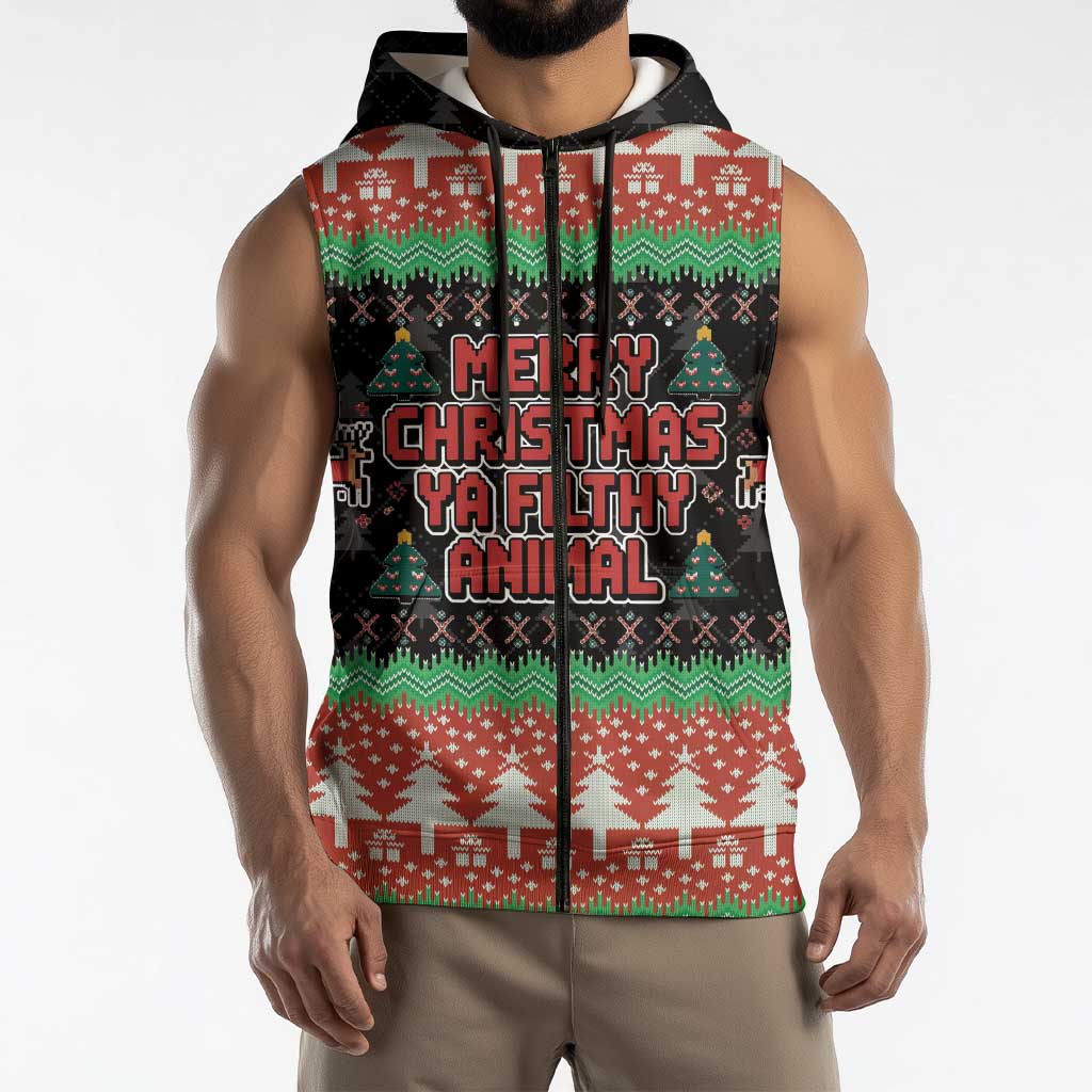 Merry Christmas Ya Filthy Animal Sleeveless Zip Hoodie Retro Christmas Humor - Wonder Print Shop