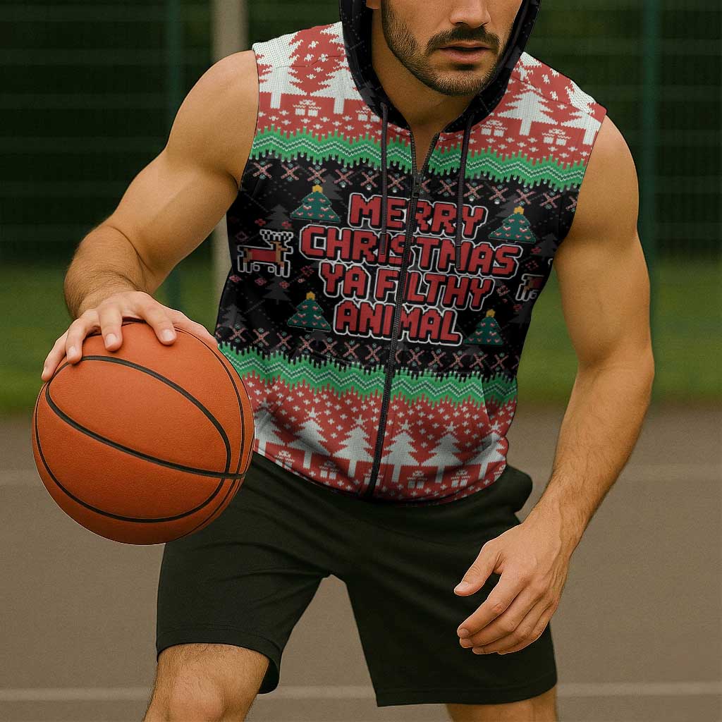 Merry Christmas Ya Filthy Animal Sleeveless Zip Hoodie Retro Christmas Humor - Wonder Print Shop