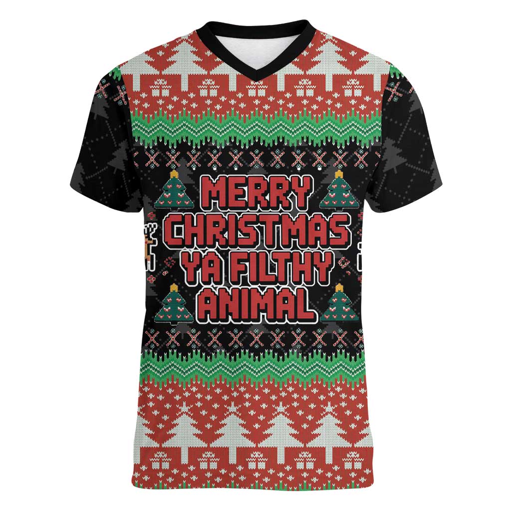 Merry Christmas Ya Filthy Animal Women V-Neck T-Shirt Retro Christmas Humor - Wonder Print Shop