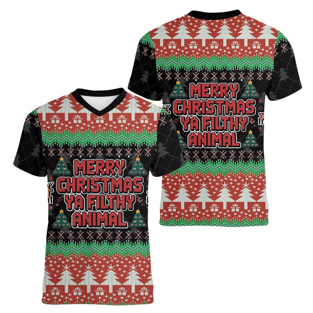 Merry Christmas Ya Filthy Animal Women V-Neck T-Shirt Retro Christmas Humor - Wonder Print Shop