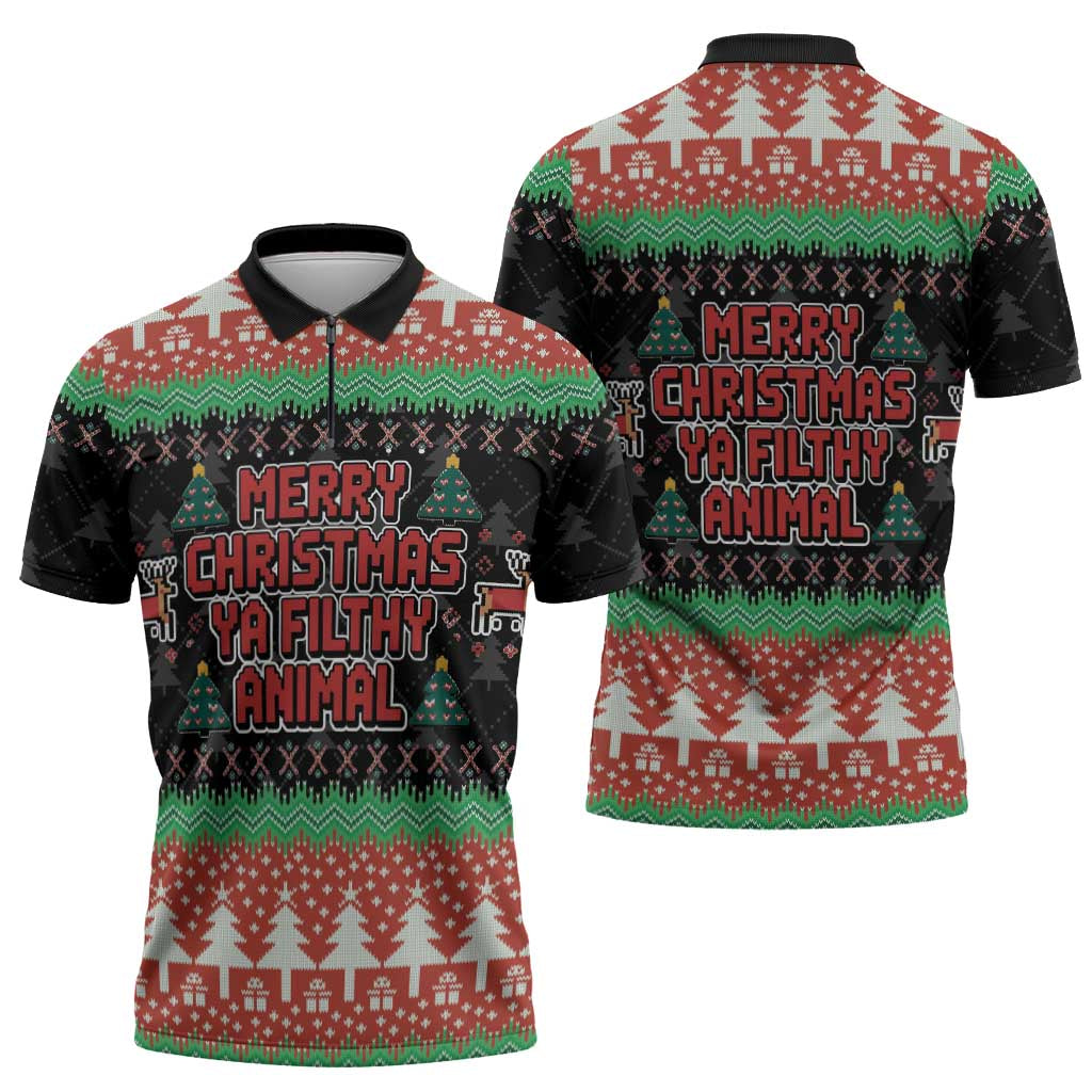 Merry Christmas Ya Filthy Animal Zipper Polo Shirt Retro Christmas Humor - Wonder Print Shop