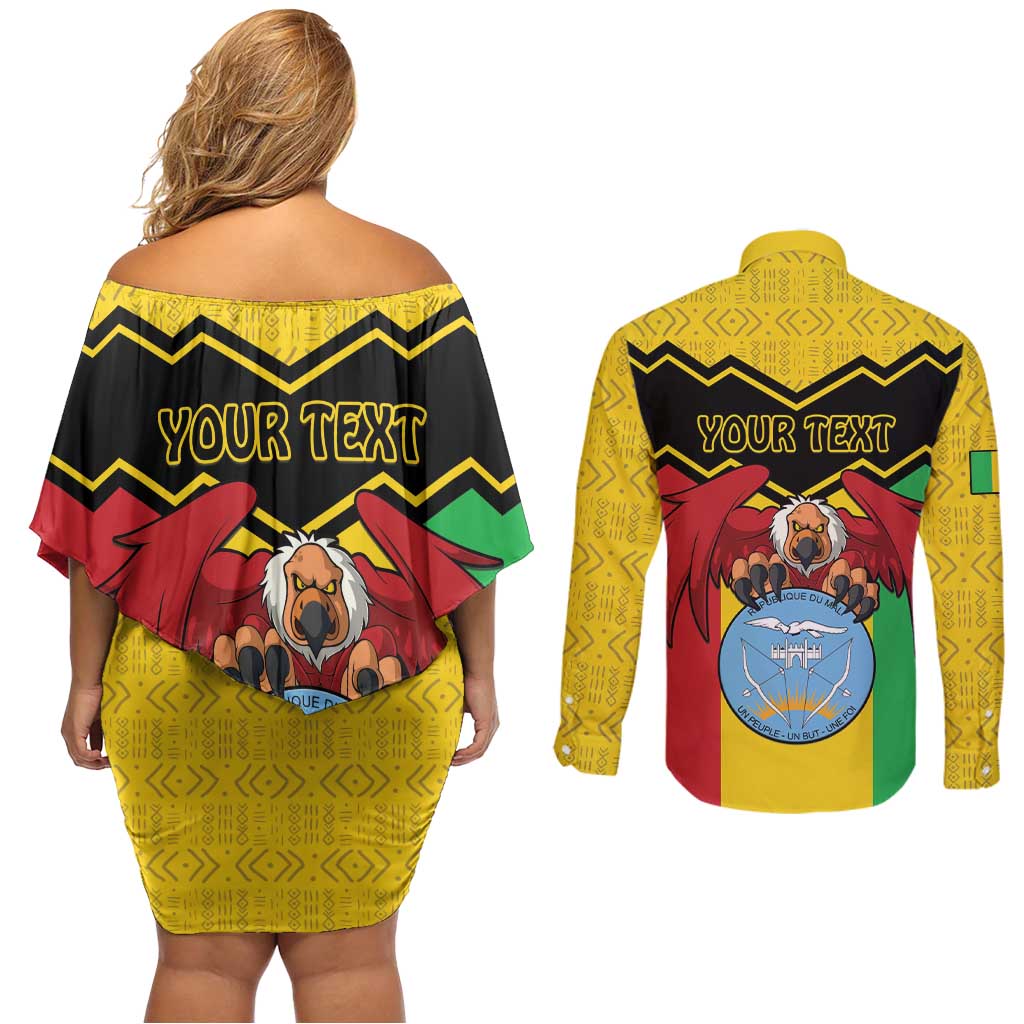 Personalised Mali Couples Matching Off Shoulder Short Dress and Long Sleeve Button Shirt Vulture With Coat Of Arms Bogolan Pattern