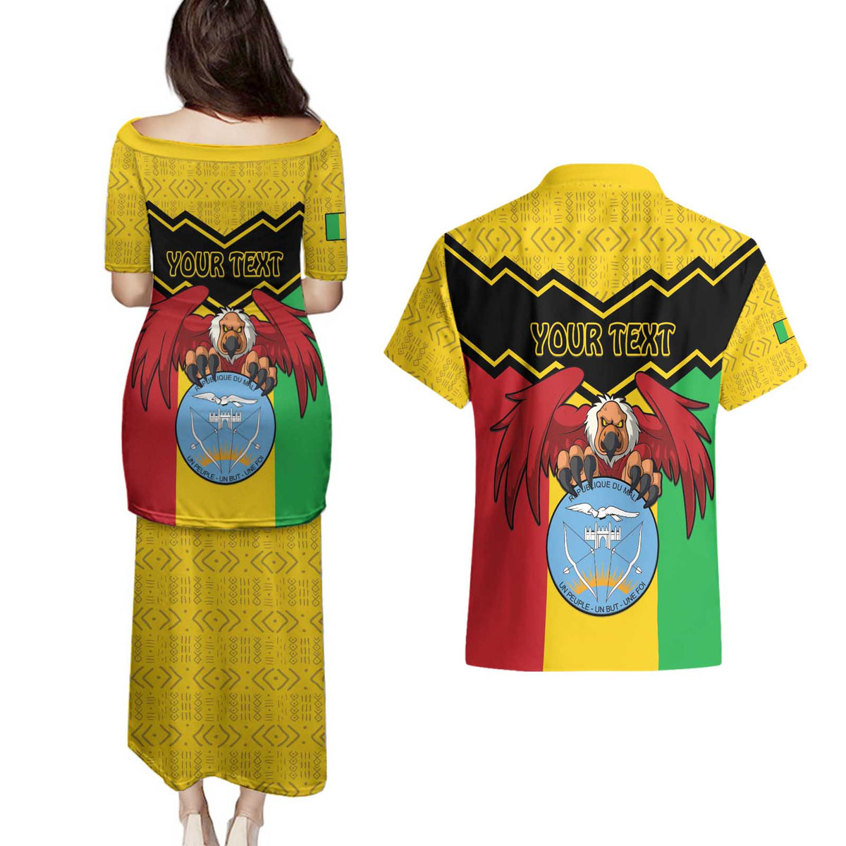 Personalised Mali Couples Matching Puletasi and Hawaiian Shirt Vulture With Coat Of Arms Bogolan Pattern