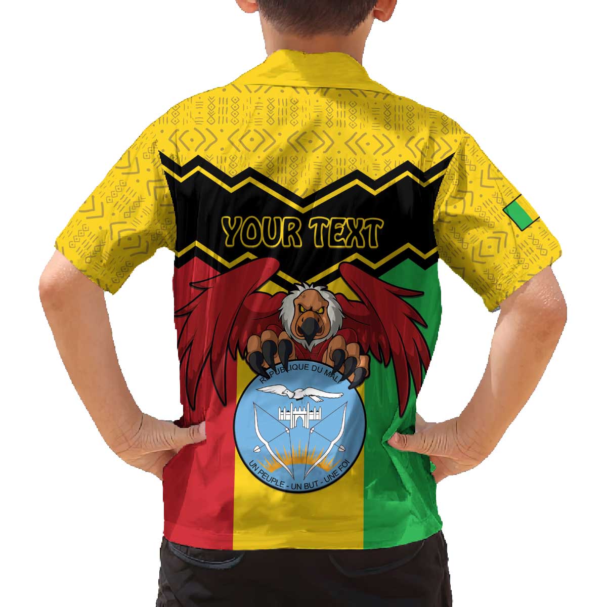 Personalised Mali Family Matching Off The Shoulder Long Sleeve Dress and Hawaiian Shirt Vulture With Coat Of Arms Bogolan Pattern