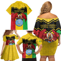Personalised Mali Family Matching Off Shoulder Short Dress and Hawaiian Shirt Vulture With Coat Of Arms Bogolan Pattern