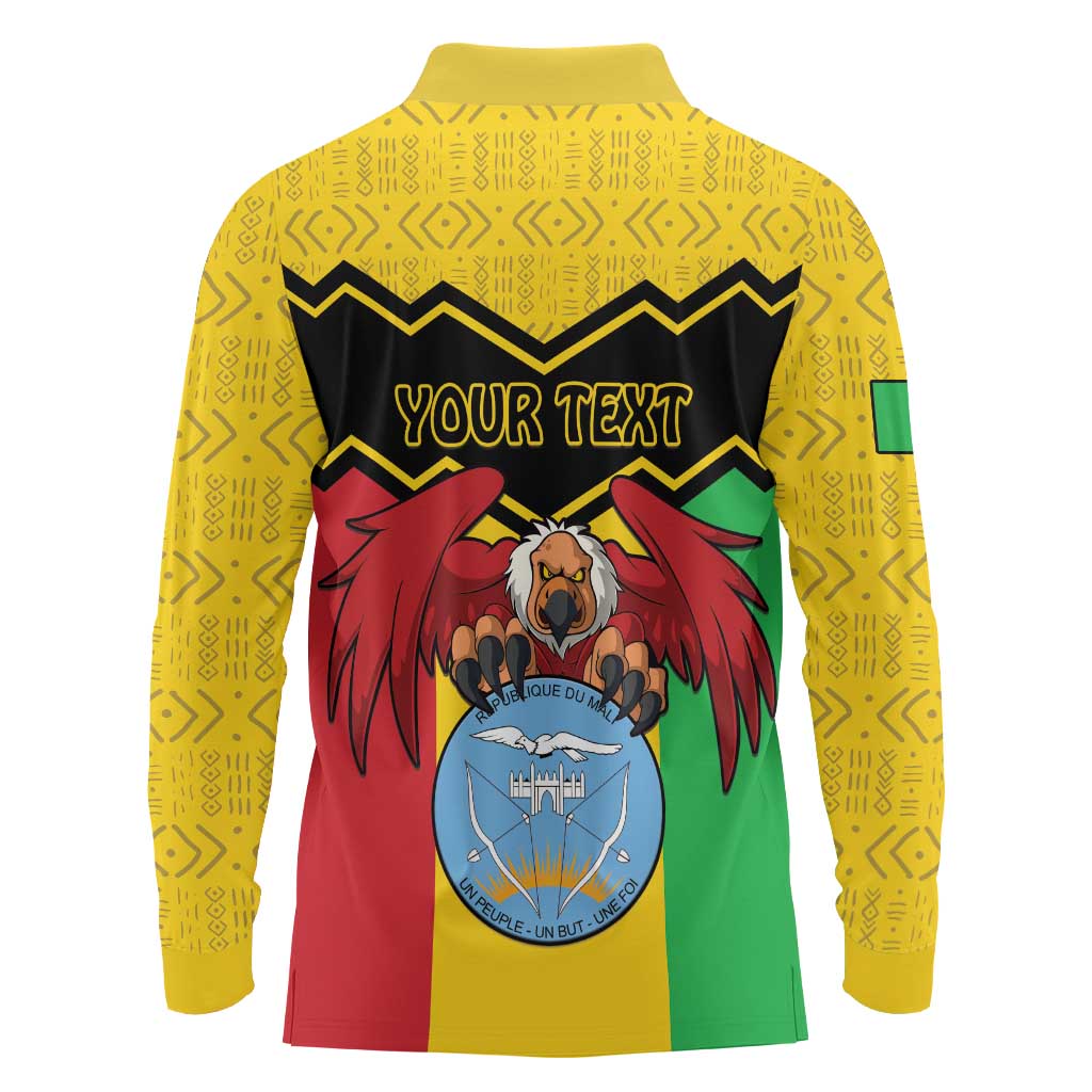 Personalised Mali Long Sleeve Polo Shirt Vulture With Coat Of Arms Bogolan Pattern - Wonder Print Shop