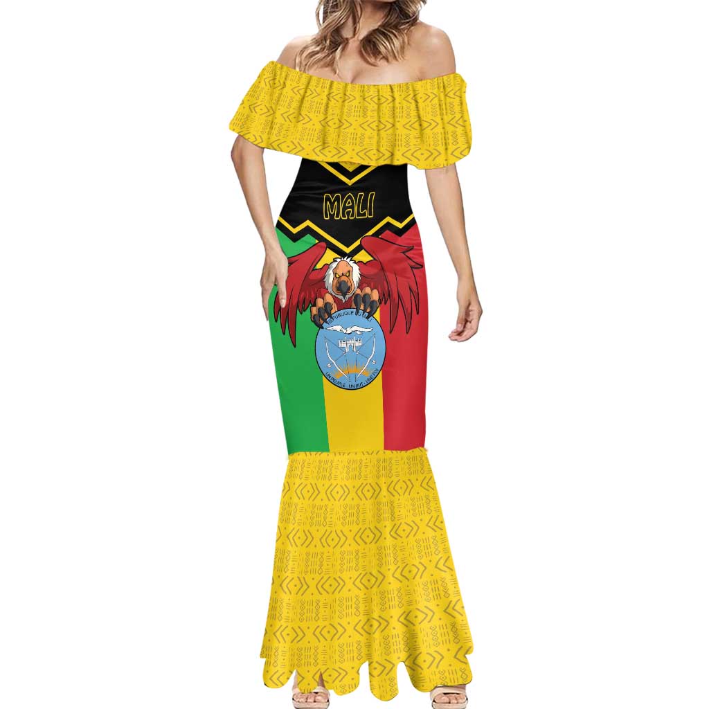Personalised Mali Mermaid Dress Vulture With Coat Of Arms Bogolan Pattern - Wonder Print Shop