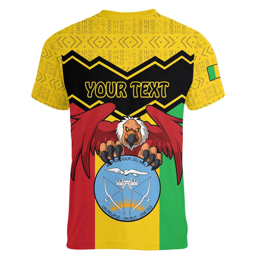 Personalised Mali Women V-Neck T-Shirt Vulture With Coat Of Arms Bogolan Pattern - Wonder Print Shop