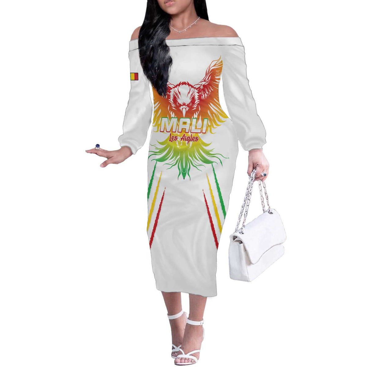 Custom Mali Football Off The Shoulder Long Sleeve Dress Go Les Aigles White Color - Wonder Print Shop