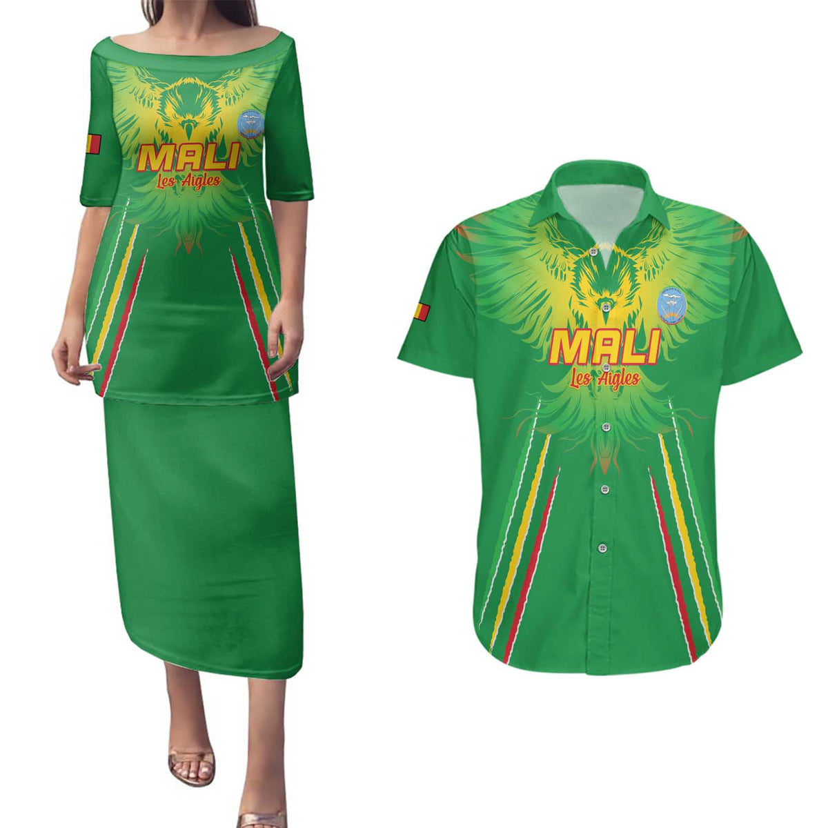 Custom Mali Football Couples Matching Puletasi and Hawaiian Shirt Go Les Aigles Green Color